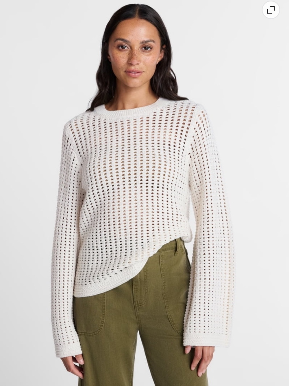 100% cotton Time and Tru Open-Knit Crewneck Sweater in Cream